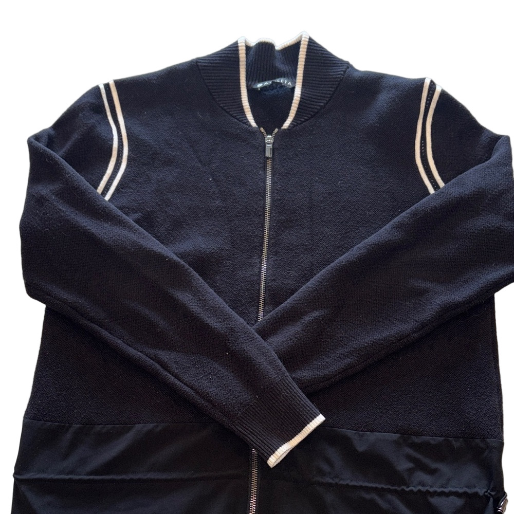 Athleta Woman’s Med Zip-Up Sweater in Black with White Stripes